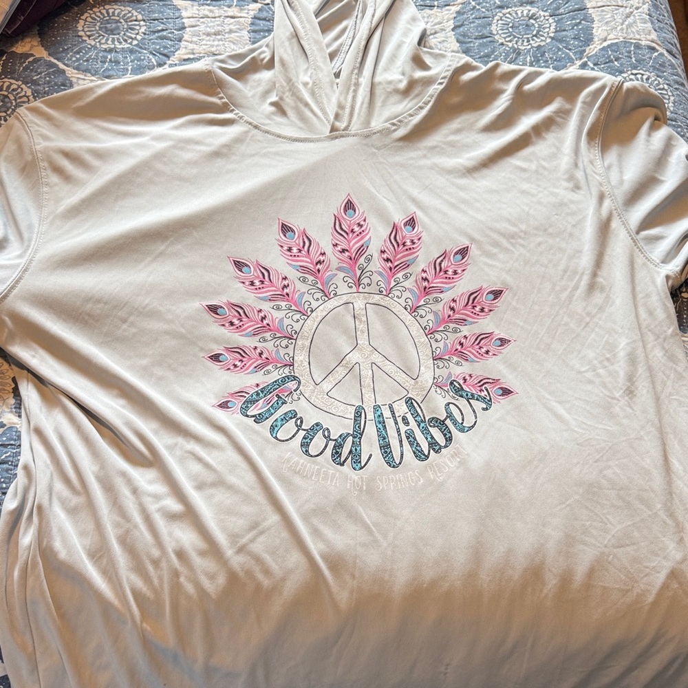 Good Vibes Peace Sign Hoodie - Light Beige with Pink & Teal Graphic